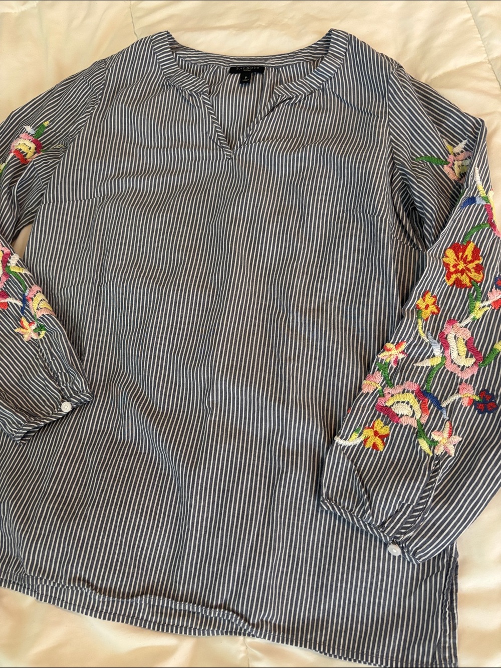Talbots Blue and White Striped Blouse with Colorful Floral Embroidery